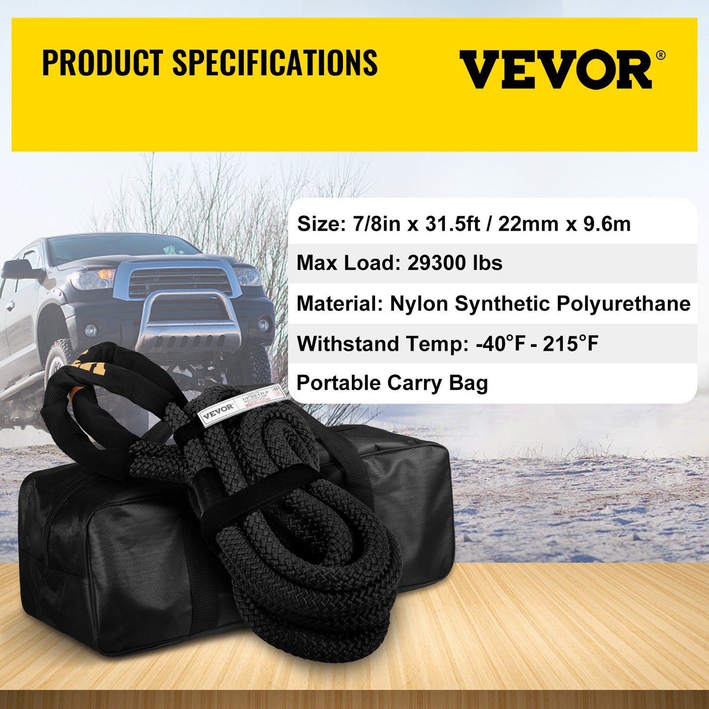 Kinetic Energy Recovery Rope Tow Rope 7/8" x 31.5' 29300LBS with Carry Bag