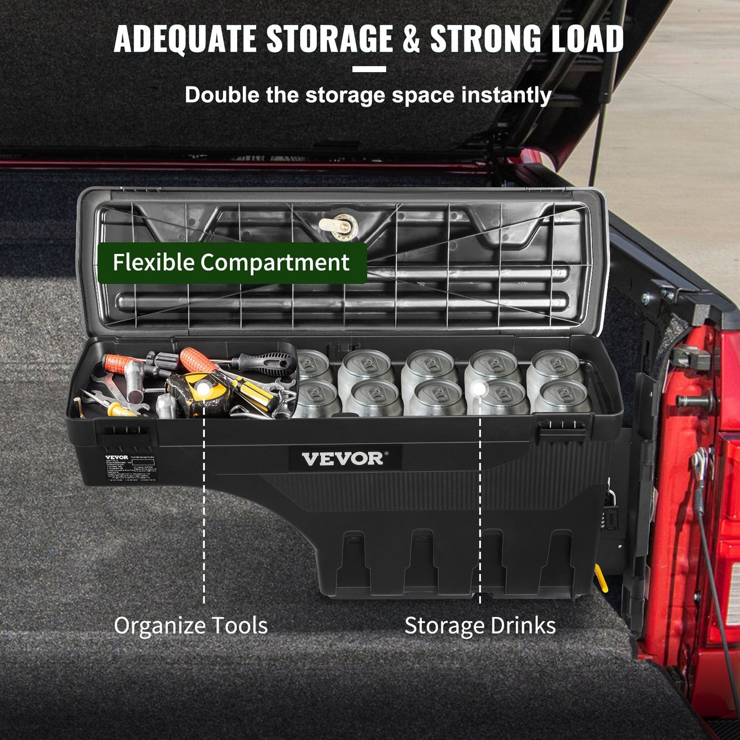 Truck Bed Storage Box, Lockable Lid, Waterproof ABS Wheel Well Tool Box 6.6 Gal/20 L with Password Padlock, Compatible with 2015-2020 Ford F150, Passenger Side, Black