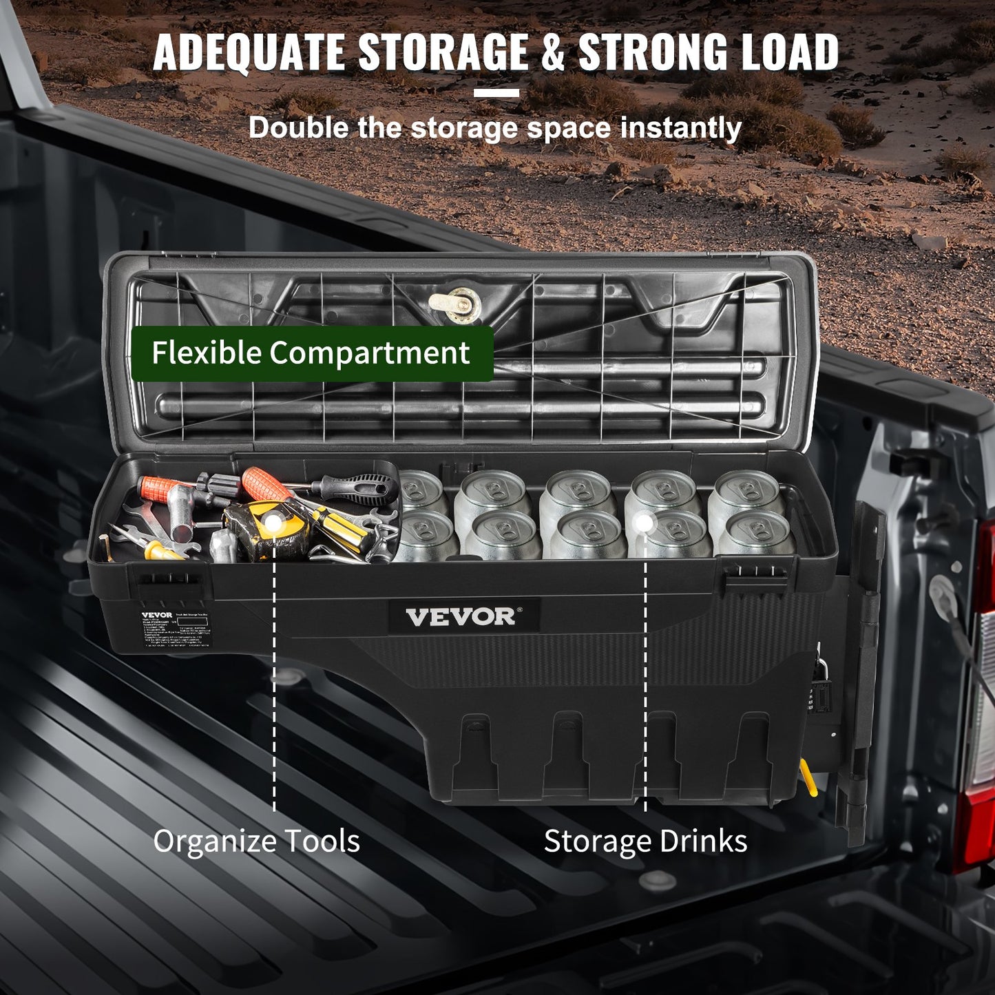 Truck Bed Storage Box, Lockable Lid, Waterproof ABS Wheel Well Tool Box 6.6 Gal/20 L with Password Padlock, Compatible with Super Duty 2017-2021, Passenger Side, Black