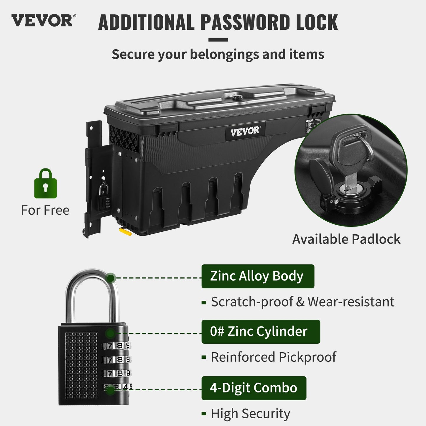 Truck Bed Storage Box, Lockable Lid, Waterproof ABS Wheel Well Tool Box 6.6 Gal/20 L with Password Padlock, Compatible with Super Duty 2017-2021, Driver Side, Black