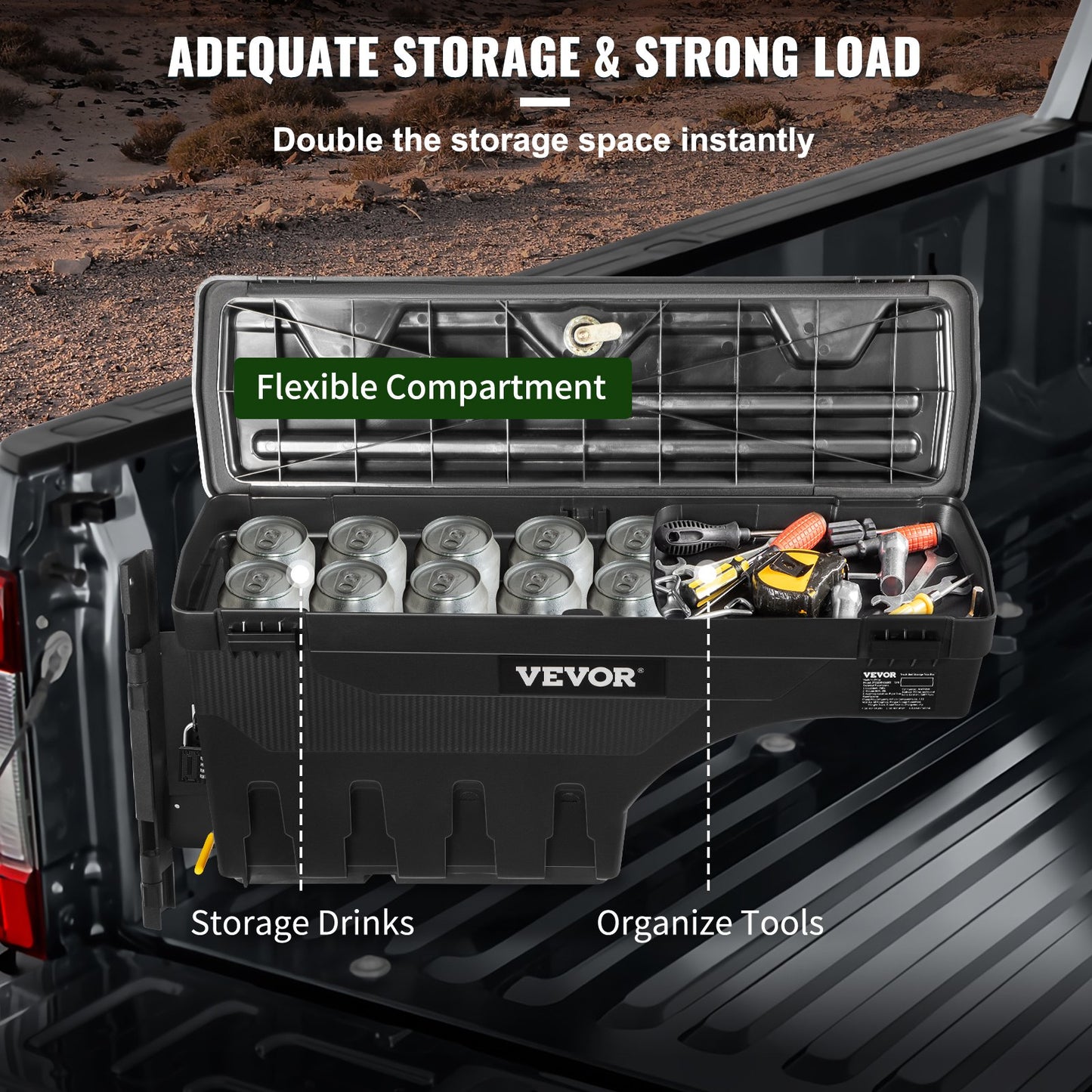 Truck Bed Storage Box, Lockable Lid, Waterproof ABS Wheel Well Tool Box 6.6 Gal/20 L with Password Padlock, Compatible with Super Duty 2017-2021, Driver Side, Black