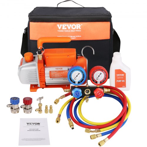 1/4 HP 4.5 CFM AC Vacuum Pump and Gauge Set, Single Stage Rotary Vane HVAC Air Vacuum Pump A/C Refrigerant Kit Manifold Gauge Set, with Three-Color Hose Carry Bag, Applicable to R134a, R410a