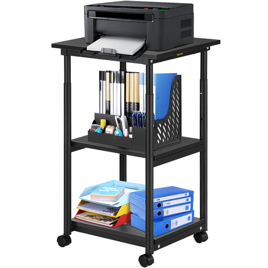 Printer Stand, 3 Tiers, Rolling Machine Cart with Adjustable Shelf & Lockable Wheels, Mobile Printer Table for Fax Scanner File Book in Home Office, 48 x 39 x 77 cm, Black