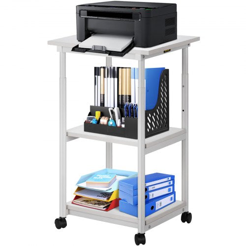 Printer Stand, 3 Tiers, Rolling Machine Cart with Adjustable Shelf & Lockable Wheels, 88 lbs Capacity Mobile Printer Table for Fax Scanner File Book in Home Office, 48 x 39 x 77 cm, White