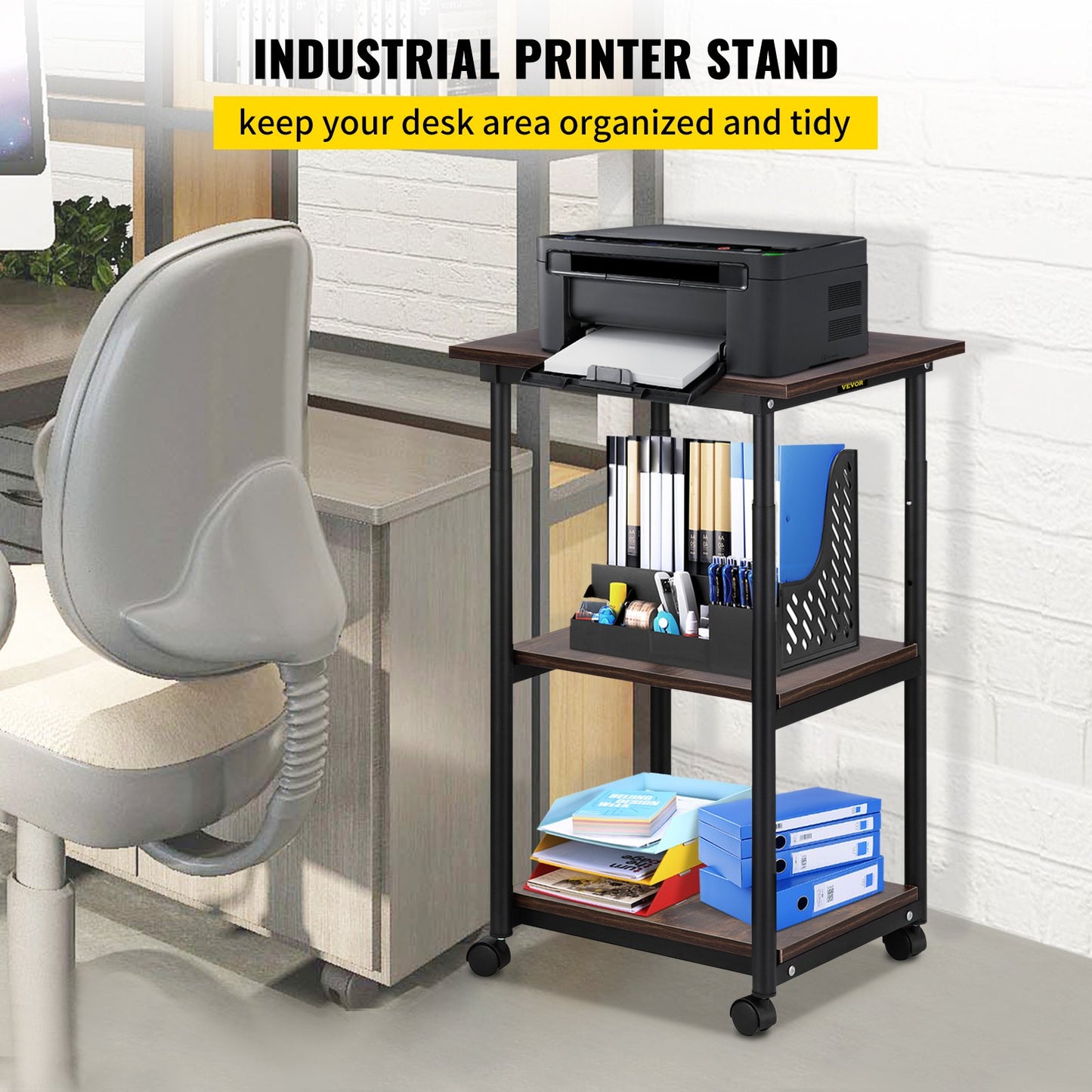 Printer Stand, 3 Tiers, 48 x 39 x 77 cm, Rolling Machine Cart with Adjustable Shelf & Lockable Wheels, Mobile Printer Table for Fax Scanner File Book in Home Office, Black & Brown