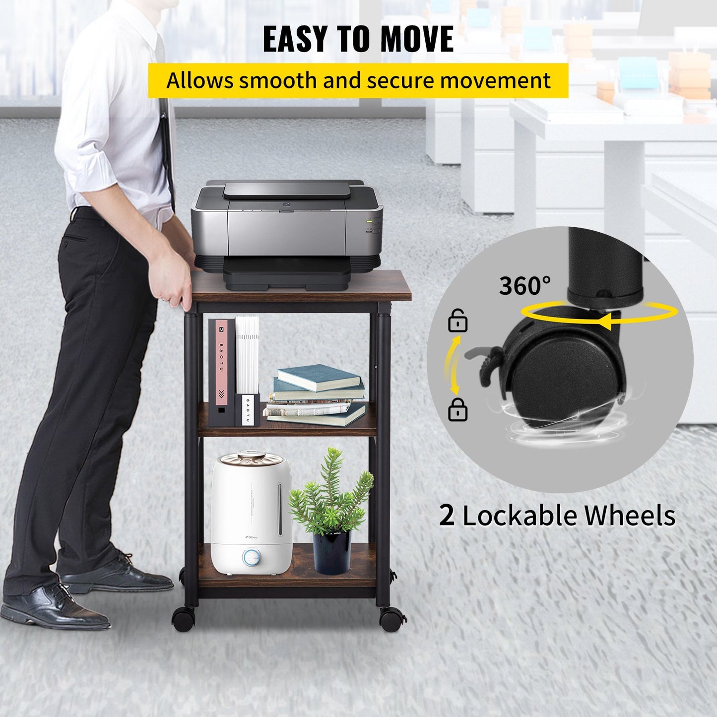 Printer Stand, 3 Tiers, 48 x 39 x 77 cm, Rolling Machine Cart with Adjustable Shelf & Lockable Wheels, Mobile Printer Table for Fax Scanner File Book in Home Office, Black & Brown