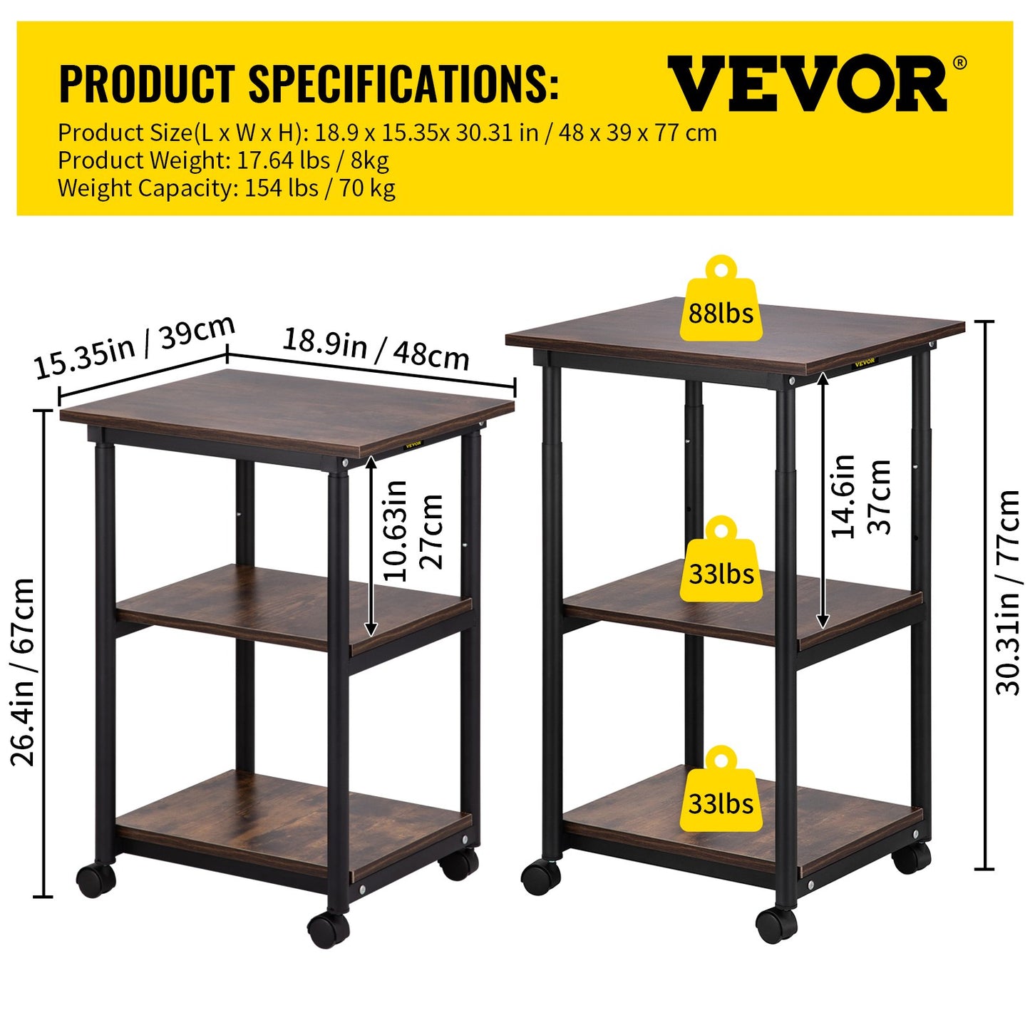 Printer Stand, 3 Tiers, 48 x 39 x 77 cm, Rolling Machine Cart with Adjustable Shelf & Lockable Wheels, Mobile Printer Table for Fax Scanner File Book in Home Office, Black & Brown