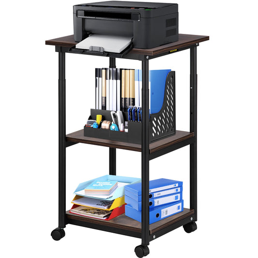 Printer Stand, 3 Tiers, 48 x 39 x 77 cm, Rolling Machine Cart with Adjustable Shelf & Lockable Wheels, Mobile Printer Table for Fax Scanner File Book in Home Office, Black & Brown