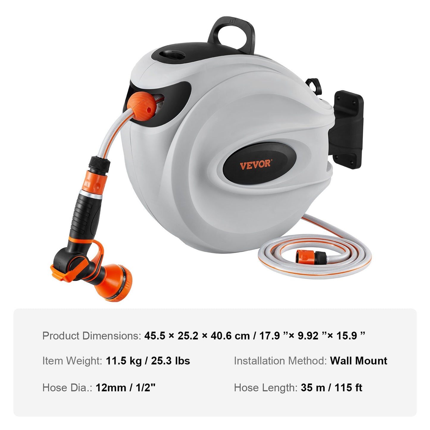 Retractable Hose Reel Water Hose Reel 115'x1/2" 180° Swivel Wall-Mounted