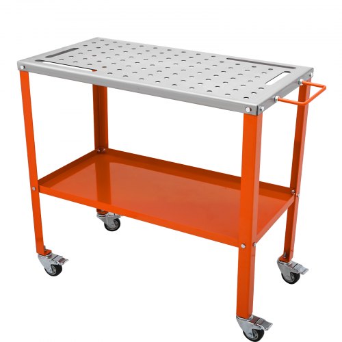 Welding Table 36" x 18", 1200lbs Load Capacity Steel Welding Workbench Table on Wheels, 2 Layers Portable Work Bench with Braking Casters, 4 Tool Slots, 5/8-inch Fixture Holes