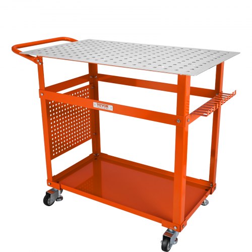 Welding Table 36'' x 24'', 600lbs Load Capacity Steel Welding Workbench Table on Wheels, Portable Work Bench with Double-layer Storage Board, 5/8-inch Fixture Holes, 11 Hooks