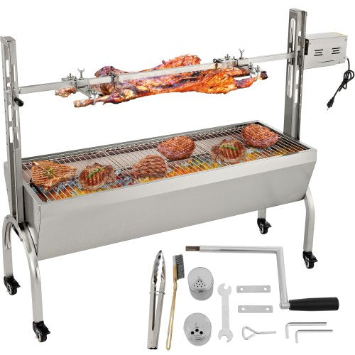 Rotisserie Grill, 132lbs Capacity, Stainless Steel Pig Lamb Spit Grill Roaster, Roasting Box with 40W Motor & Adjustable Height & Lockable Casters for Outdoor Camping Party Campfire Barbecue