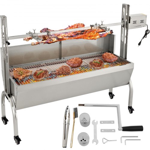 Rotisserie Grill, 132lbs Capacity, Stainless Steel Pig Lamb Spit Grill Roaster, with 40W Motor & Adjustable Height Lockable Casters & Baffle for Outdoor Camping Party Campfire Barbecue