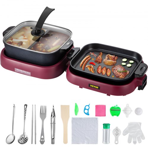 2 in 1 Electric Grill and Hot Pot, Foldable BBQ Pan Grill and Hot Pot, 2100W Multifunctional Teppanyaki Grill Pot with Dual Temp Control, Smokeless Hot Pot Grill with Nonstick Coating