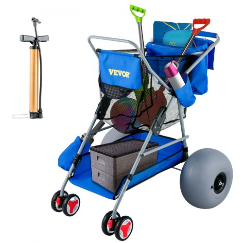 Beach Wonder Wheeler, 12" All-terrain Balloon Wheels, 350 lbs Beach Cart for Sand, Beach Buggy w/ Flip Flop Holder, Storage Bag, 2 Beach Chair Holders, Blue
