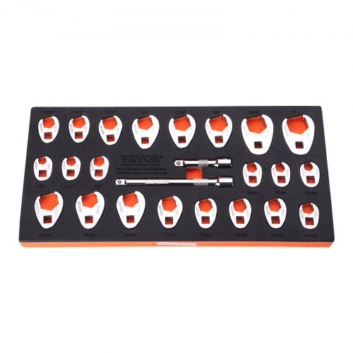 Crowfoot Wrench Set, 3/8" Drive 24-Piece Crows Foot Wrench Set with 2 Extension Bars and EVA Tool Organizer, SAE 3/8"-1" and Metric 10-22 mm, CRMO Steel and Mirror Chrome Finish