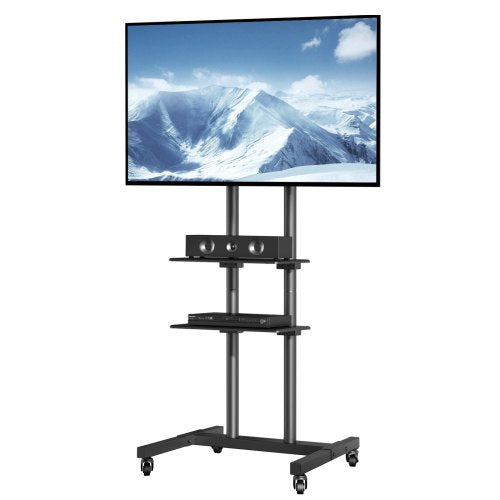 Mobile TV Stand, Mobile TV Cart for 32 to 70 inch TVs, Height Adjustable Portable TV Stand with Wheels, Double Tray for Audio-Visual Devices, Rolling TV Stand with Mount for Bedroom, Living Room