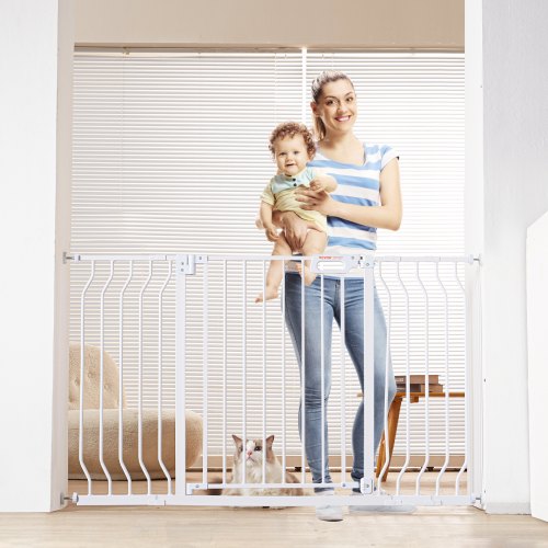 Baby Gate, 29.5"-53" Extra Wide, 30" High, Dog Gate for Stairs Doorways and House, Easy Step Walk Thru Auto Close Child Gate Pet Security Gate with Pressure Mount Kit and Wall Mount Kit, White