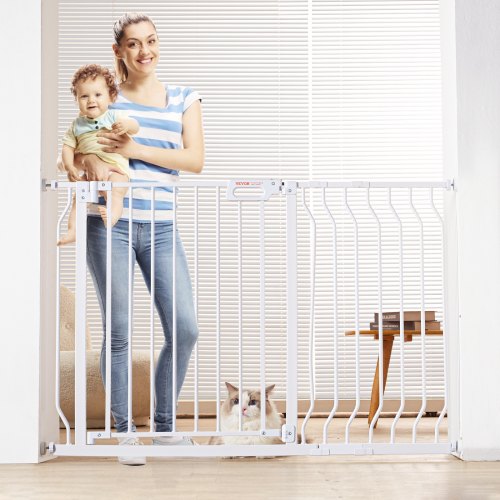 Baby Gate, 29.5"-48.4" Extra Wide, 30" High, Dog Gate for Stairs Doorways and House, Easy Step Walk Thru Auto Close Child Gate Pet Security Gate with Pressure Mount Kit and Wall Mount Kit, White