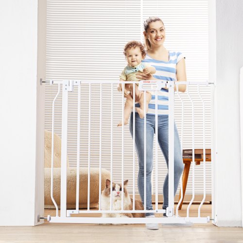 Baby Gate, 29.5"-39" Extra Wide, 30" High, Dog Gate for Stairs Doorways and House, Easy Step Walk Thru Auto Close Child Gate Pet Security Gate with Pressure Mount Kit and Wall Mount Kit, White