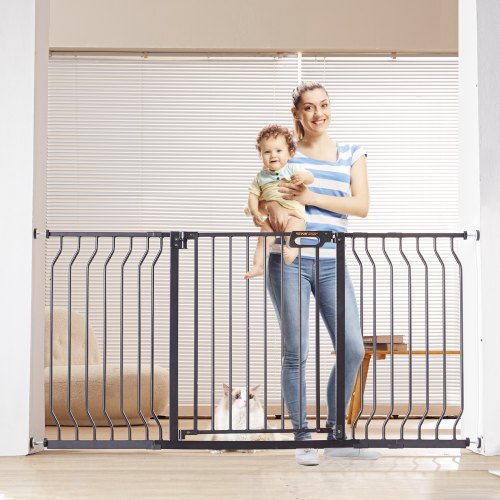 Baby Gate, 29.5"-53" Extra Wide, 30" High, Dog Gate for Stairs Doorways and House, Easy Step Walk Thru Auto Close Child Gate Pet Security Gate with Pressure Mount Kit and Wall Mount Kit, Black
