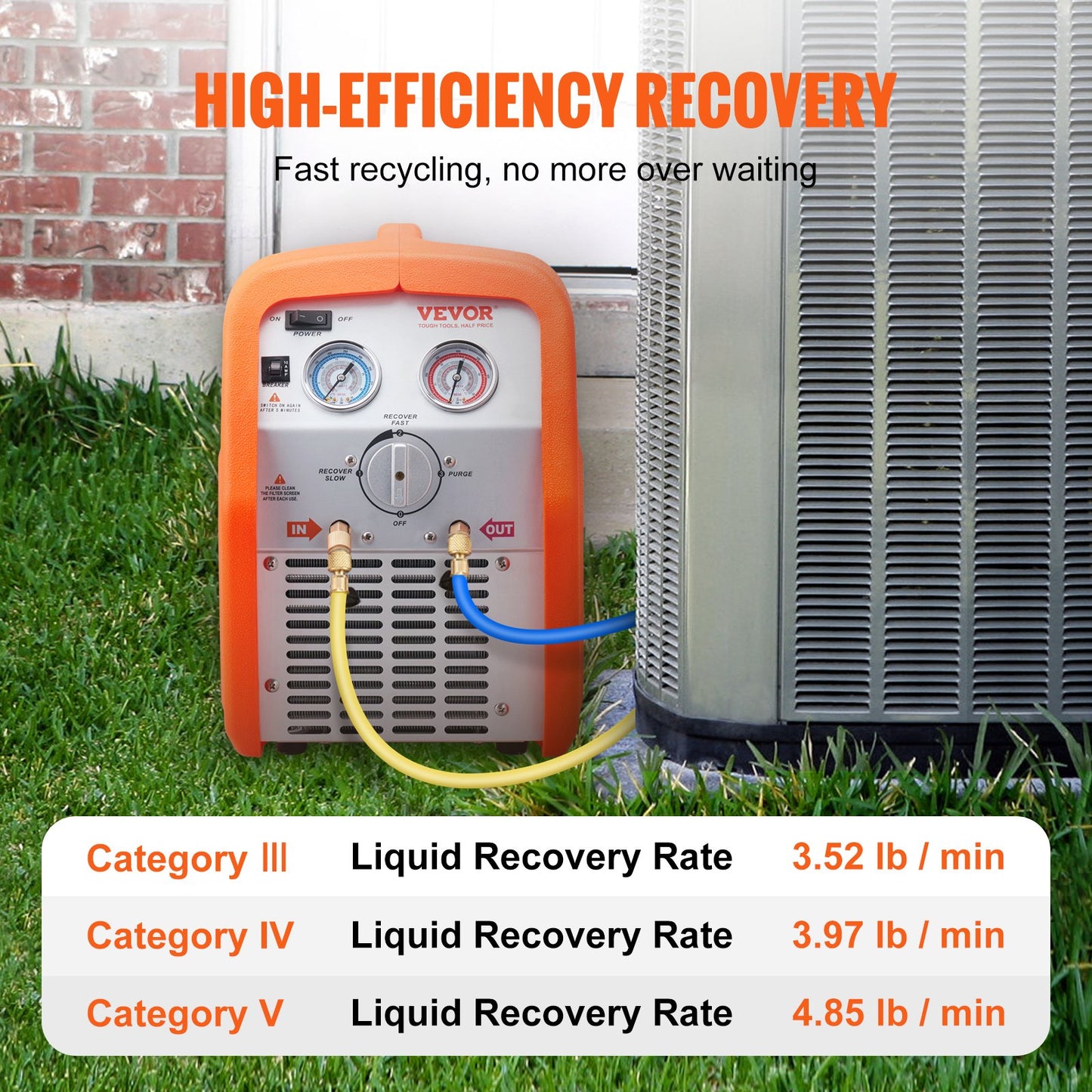 Portable 3/4 HP Refrigerant Recovery Machine - AC Recovery Machine with High Pressure Protection 220-240V 60Hz Recovery Machine HVAC for Vapor Liquid Refrigerant, Car Air Conditioning