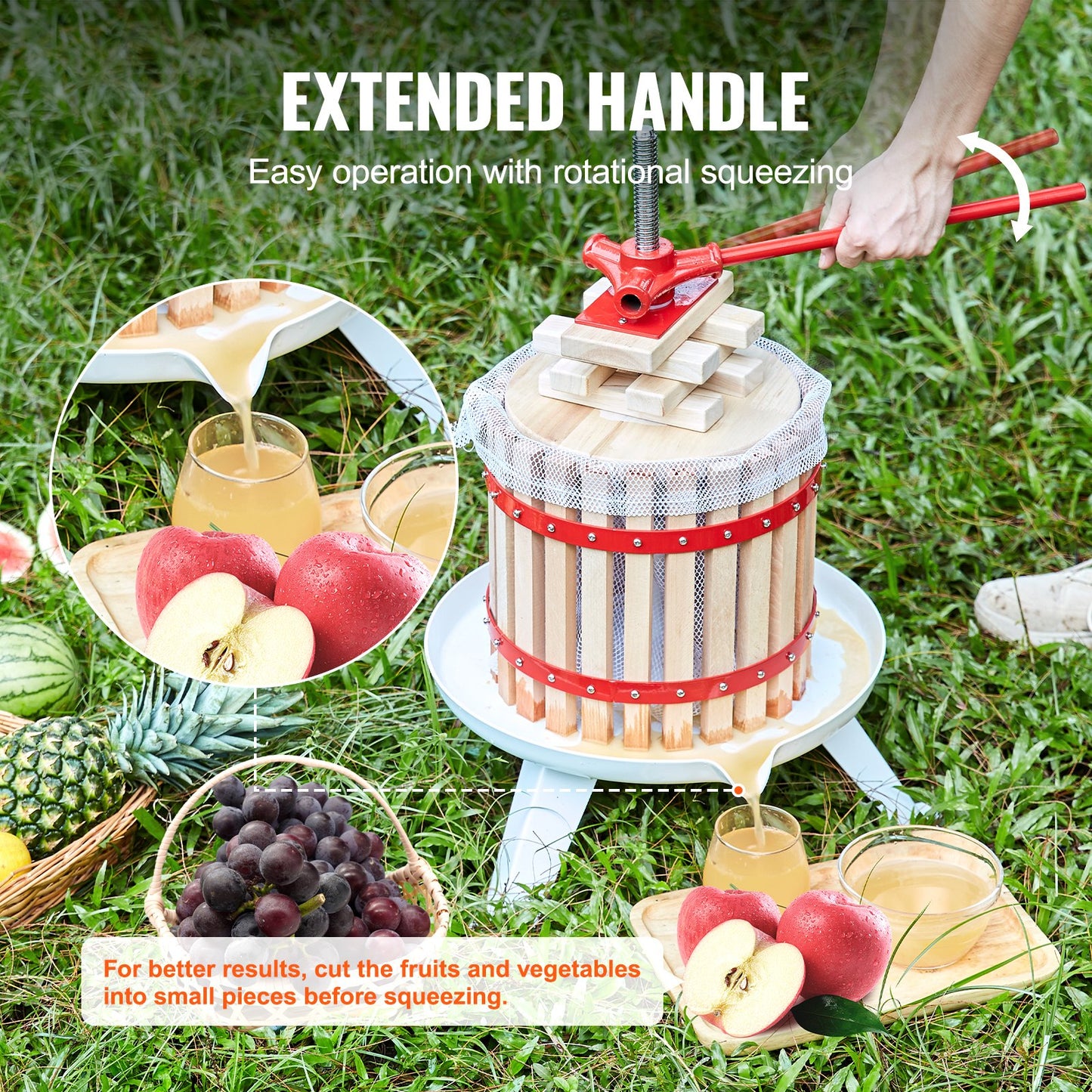 Fruit Wine Press, 3.2 Gallon/12L, Solid Wood Basket with 6 Blocks, Manual Juice Maker, Cider Apple Grape Tincture Vegetables Honey Olive Oil Making Press with Pole Handle Bar for Kitchen, Home