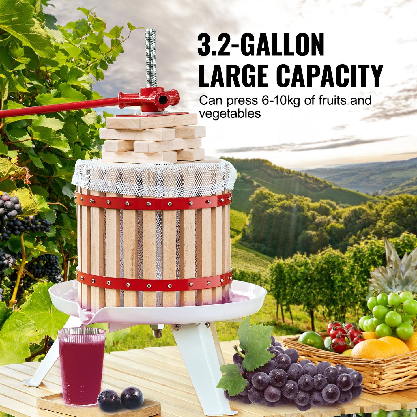 Fruit Wine Press, 3.2 Gallon/12L, Solid Wood Basket with 6 Blocks, Manual Juice Maker, Cider Apple Grape Tincture Vegetables Honey Olive Oil Making Press with Pole Handle Bar for Kitchen, Home