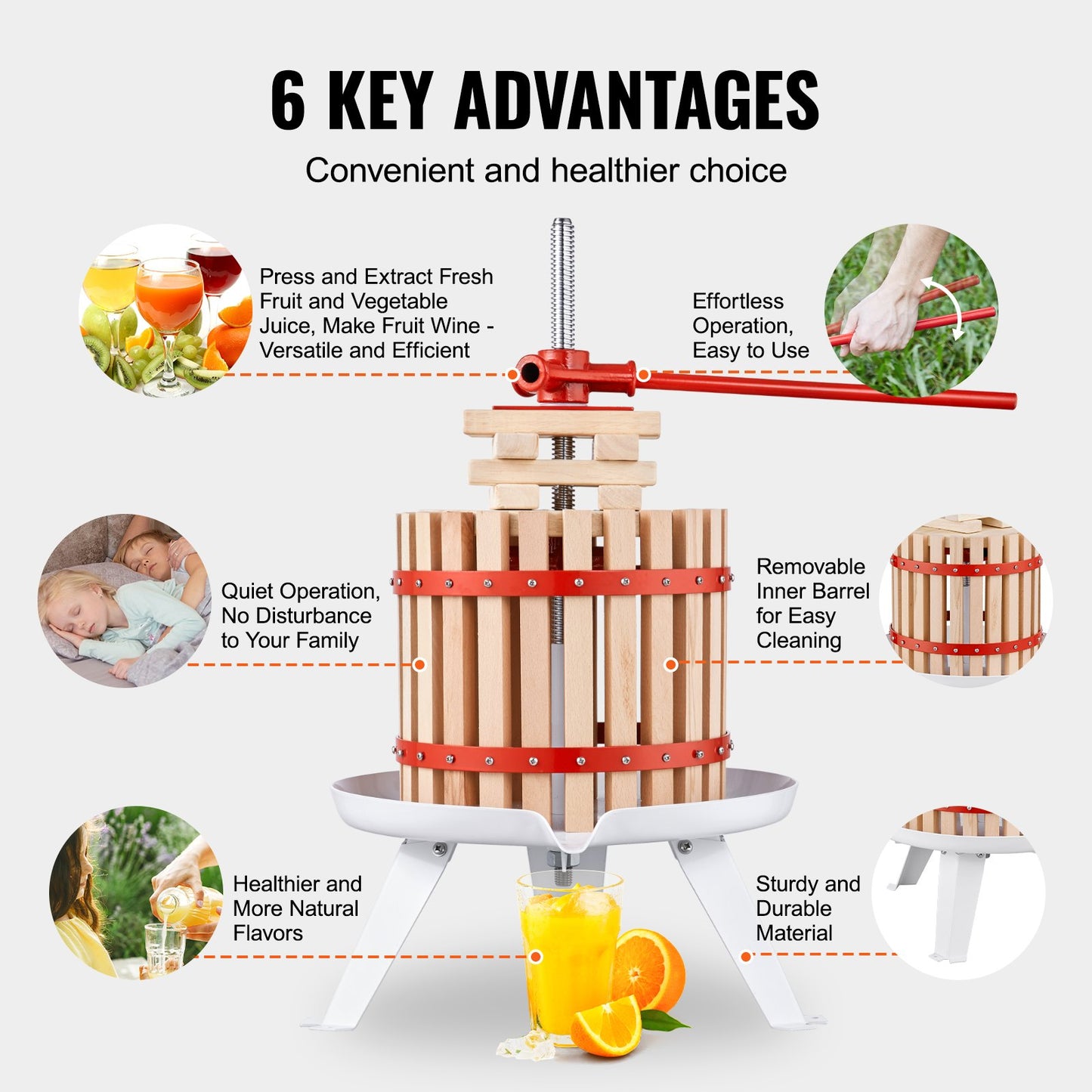 Fruit Wine Press, 3.2 Gallon/12L, Solid Wood Basket with 6 Blocks, Manual Juice Maker, Cider Apple Grape Tincture Vegetables Honey Olive Oil Making Press with Pole Handle Bar for Kitchen, Home