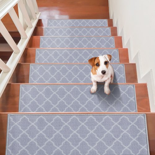 Stair Treads, Stairs Carpet Non Slip 9" x 28", Indoor Stair Runner for Wooden Steps, Anti Slip Carpet Soft Edging Stair Rugs Mats for Kids Elders and Dogs, 15 pcs, Light Gray