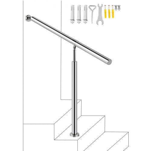 Step Handrail 1 Steps Stainless Steel Stair Railing for Indoor or Outdoor Use Step Railing Handrails Metal Hand Rails for Steps, 80 x 90 cm, Silver