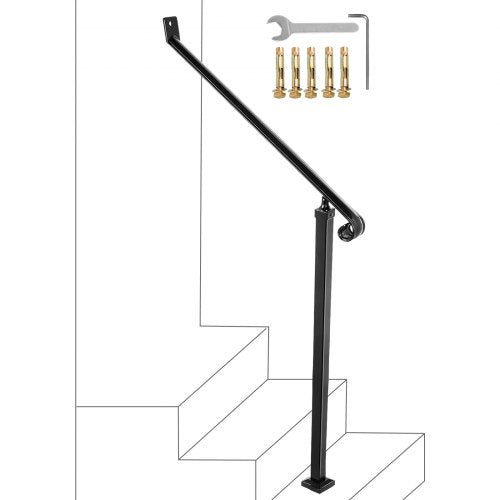 40mm Pipe Wrought Iron Handrail 2 Steps Handrails for Outdoor Steps Handrails Garden Railing Exterior Handrail Stair Railings for Steps with One Bolt Down Post