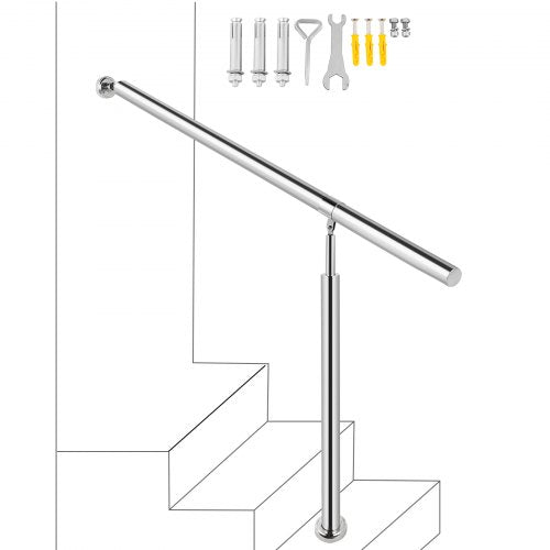 Step Handrail 1 Steps Stainless Steel Stair Railing for Indoor or Outdoor Use Step Railing Handrails Metal Hand Rails for Steps, 150 x 80 cm, Silver