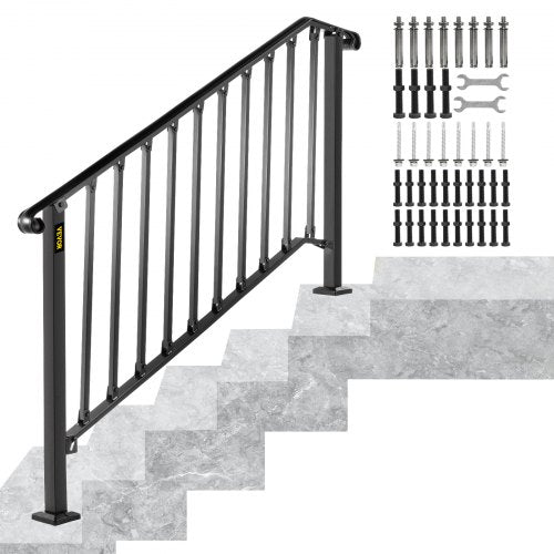 Handrails for Outdoor Steps, Fit 4 or 5 Steps Outdoor Stair Railing, Picket#4 Wrought Iron Handrail, Flexible Porch Railing, Black Transitional Handrails for Concrete Steps or Wooden Stairs