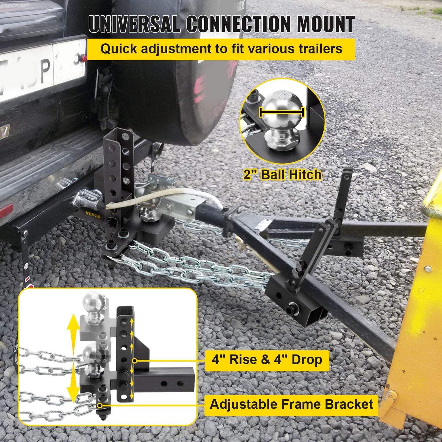 Weight Distribution Hitch, 1000 lb Tongue Capacity Load Leveling Hitch with Sway Control, 2" Ball & 4" Drop/Rise & 4 Chains & Universal Frame Bracket, No-Bounce No-Sway Trailer Towing