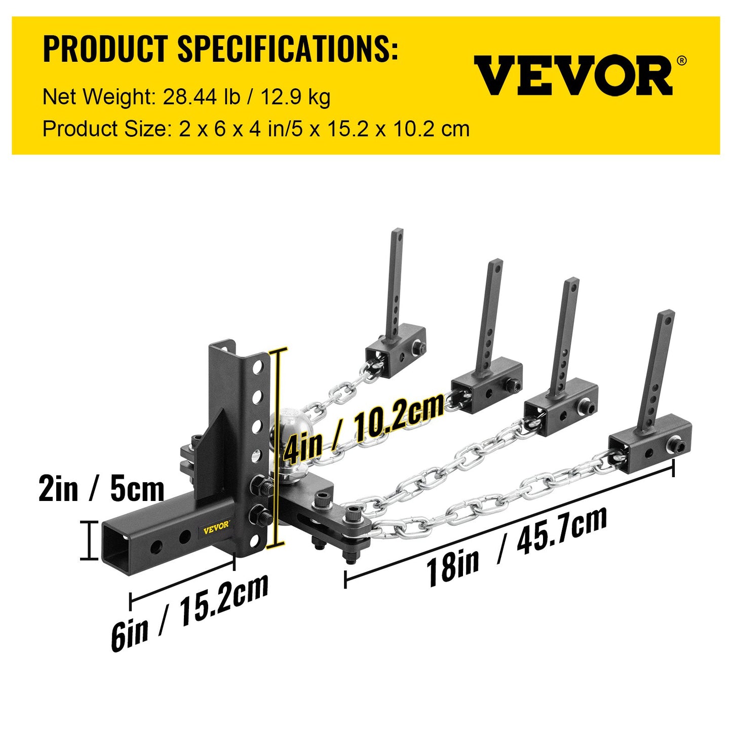 Weight Distribution Hitch, 1000 lb Tongue Capacity Load Leveling Hitch with Sway Control, 2" Ball & 4" Drop/Rise & 4 Chains & Universal Frame Bracket, No-Bounce No-Sway Trailer Towing