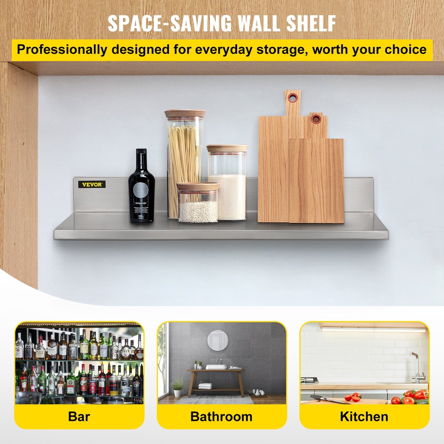 Stainless Steel Wall Shelf, 8.6'' x 30'', 44 lbs Load Heavy Duty Commercial Wall Mount Shelving w/ Backsplash for Restaurant, Home, Kitchen, Hotel, Laundry Room, Bar (2 Packs)