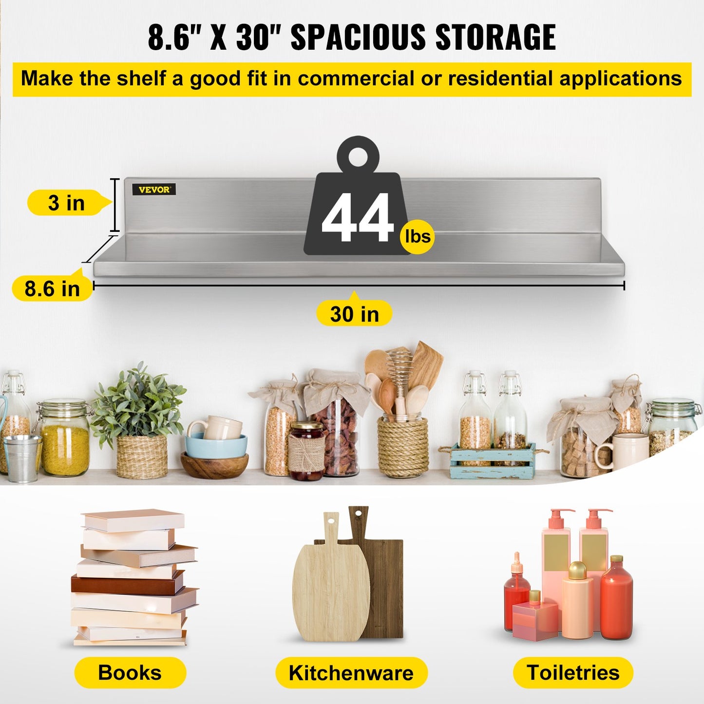 Stainless Steel Wall Shelf, 8.6'' x 30'', 44 lbs Load Heavy Duty Commercial Wall Mount Shelving w/ Backsplash for Restaurant, Home, Kitchen, Hotel, Laundry Room, Bar (2 Packs)