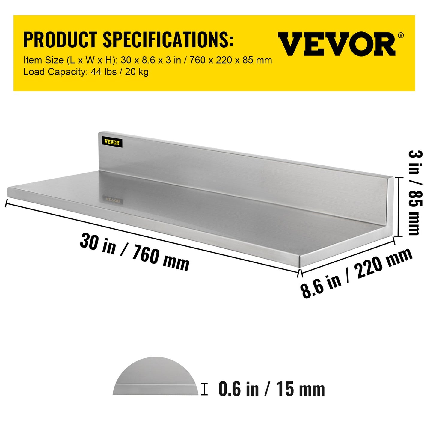 Stainless Steel Wall Shelf, 8.6'' x 30'', 44 lbs Load Heavy Duty Commercial Wall Mount Shelving w/ Backsplash for Restaurant, Home, Kitchen, Hotel, Laundry Room, Bar (2 Packs)