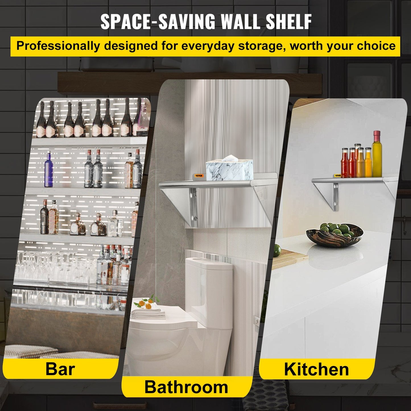 Stainless Steel Wall Shelf, 12'' x 24'', 110 lbs Load Heavy Duty Commercial Wall Mount Shelving w/ Backsplash and 2 Brackets for Restaurant, Home, Kitchen, Hotel, Laundry Room, Bar