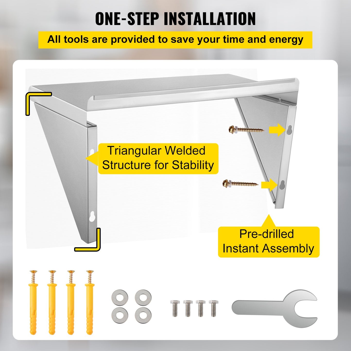 Stainless Steel Wall Shelf, 12'' x 24'', 110 lbs Load Heavy Duty Commercial Wall Mount Shelving w/ Backsplash and 2 Brackets for Restaurant, Home, Kitchen, Hotel, Laundry Room, Bar
