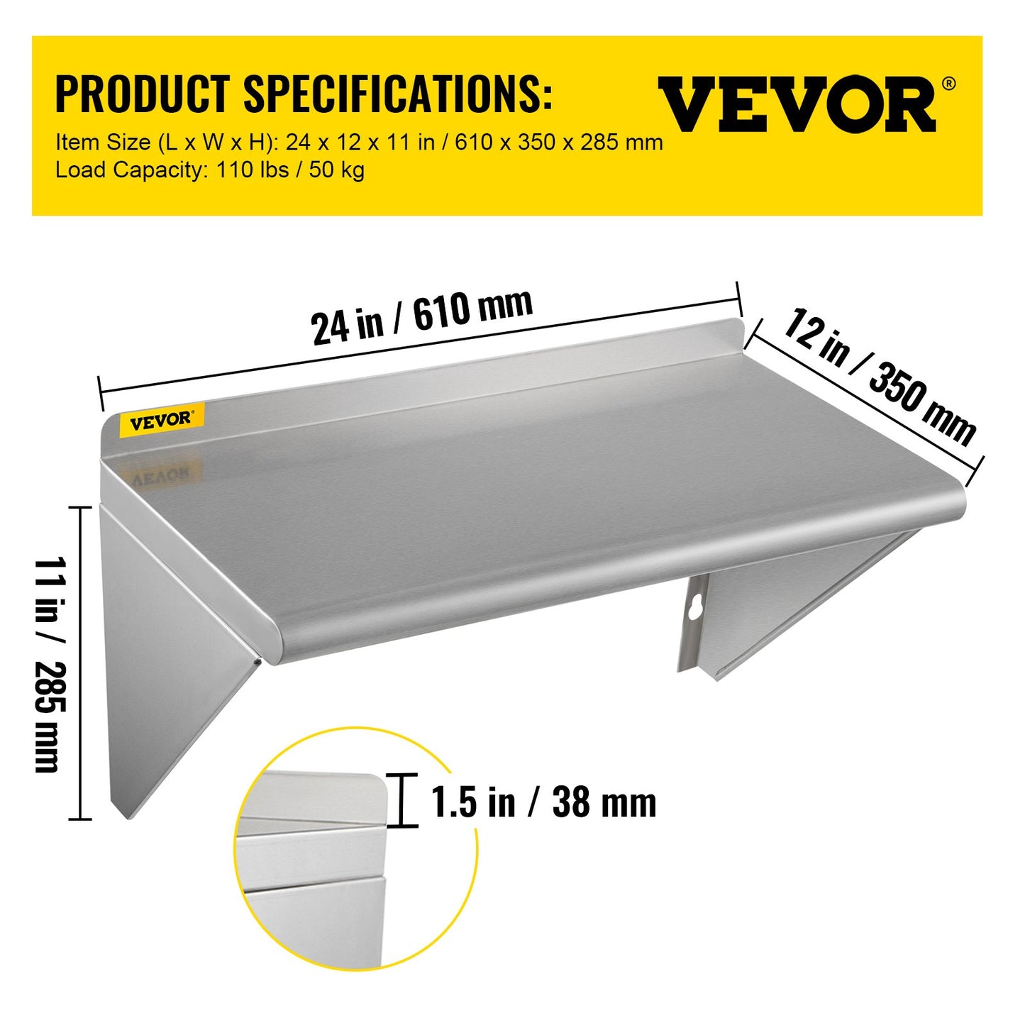 Stainless Steel Wall Shelf, 12'' x 24'', 110 lbs Load Heavy Duty Commercial Wall Mount Shelving w/ Backsplash and 2 Brackets for Restaurant, Home, Kitchen, Hotel, Laundry Room, Bar