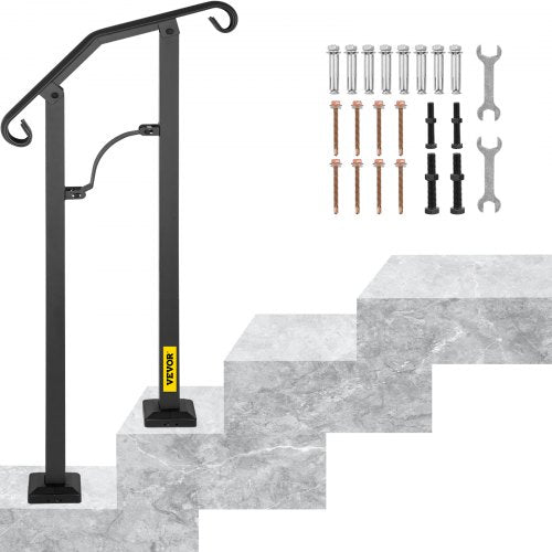 Outdoor Stair Railing, Alloy Metal Hand Railing, Fit 1 or 2 Steps Flexible Transitional Handrail, Black Outdoor Stair Rail W/ Installation Kit, Step Handrail for Concrete or Wooden Stairs