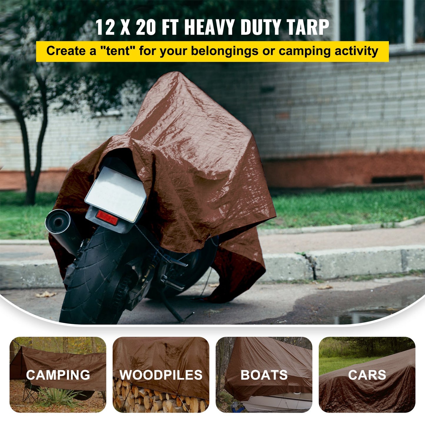 Heavy Duty Tarp, 12 x 20 ft 16 Mil Thick, Waterproof Multi-Purpose Outdoor Cover, Rip and Tear Proof PE Tarpaulin with Reinforced Edges for Truck, RV, Boat, Roof, Tent, Camping, Pool, Brown