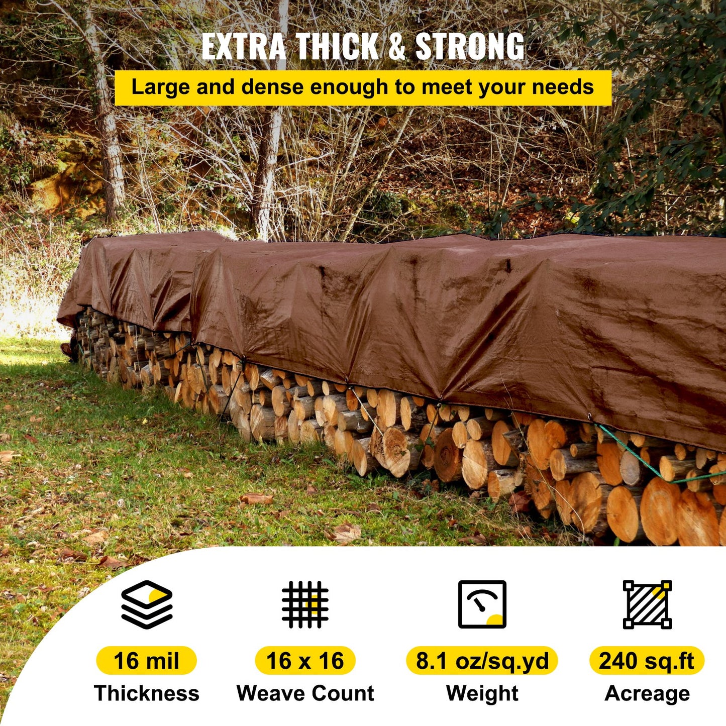 Heavy Duty Tarp, 12 x 20 ft 16 Mil Thick, Waterproof Multi-Purpose Outdoor Cover, Rip and Tear Proof PE Tarpaulin with Reinforced Edges for Truck, RV, Boat, Roof, Tent, Camping, Pool, Brown