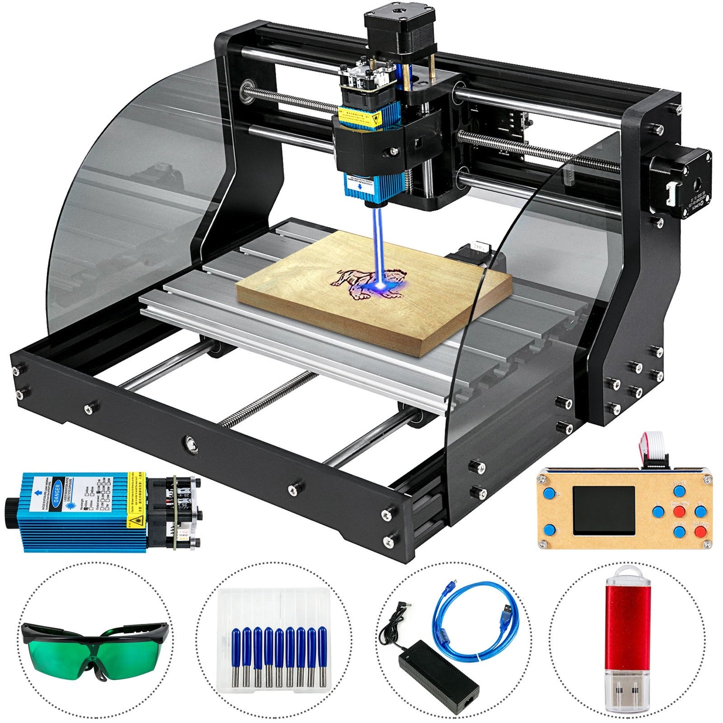 CNC 3018 Pro CNC Router 300×180×45mm CNC Machine 500MW GRBL Control Mini Laser Engraver with Offline Controller 3 Axis Laser Engraving Machine for Carving Milling Plastic, Acrylic, PVC, Wood