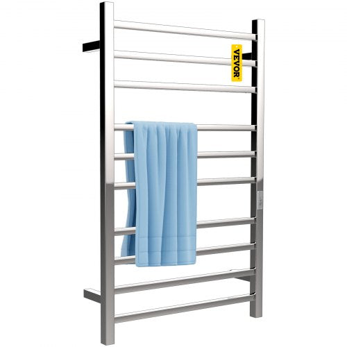 Heated Towel Rack, 10 Bars Design, Mirror Polished Stainless Steel Electric Towel Warmer with Built-In Timer, Wall-Mounted for Bathroom, Plug-In/Hardwired, CE Certificated, Silver
