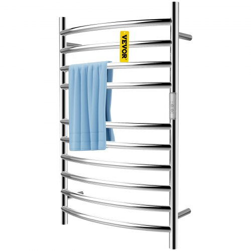 Heated Towel Rack, 10 Bars Curved Design, Mirror Polished Stainless Steel Electric Towel Warmer with Built-In Timer, Wall-Mounted for Bathroom, Plug-In/Hardwired, CE Certificated, Silver