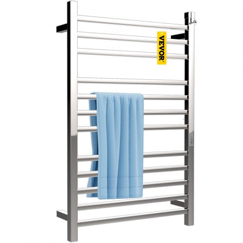Heated Towel Rack, 12 Bars Design, Mirror Polished Stainless Steel Electric Towel Warmer with Built-In Timer, Wall-Mounted for Bathroom, Plug-In/Hardwired, CE Certificated, Silver