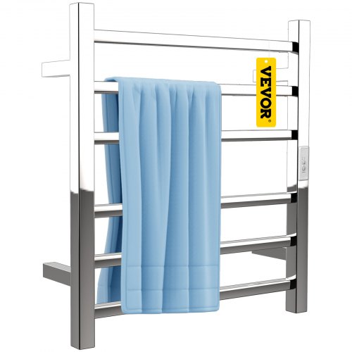 Heated Towel Rack, 6 Bars Design, Mirror Polished Stainless Steel Electric Towel Warmer with Built-In Timer, Wall-Mounted for Bathroom, Plug-In/Hardwired, CE Certificated, Silver